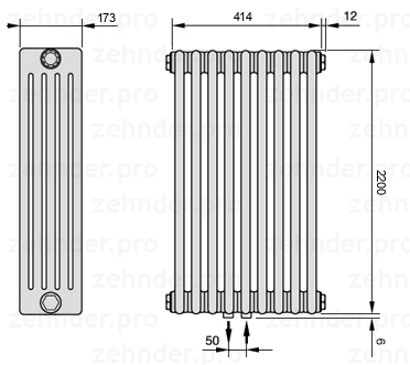 Схема (чертеж) Радиатор Zehnder Charleston 5220/9 №5410 Белый глянцевый RAL 9016